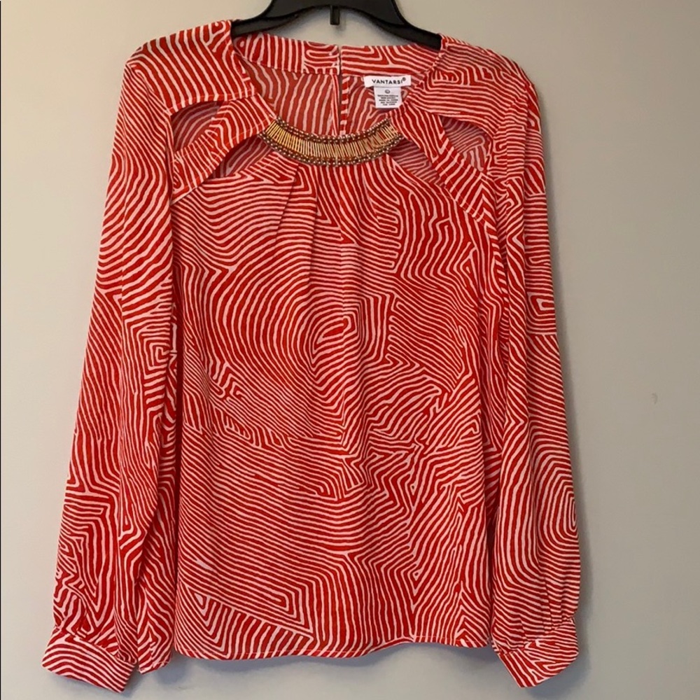 VANTARSI red/white pattern blouse size L.